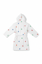 White children's robe with colorful patterns on a white background