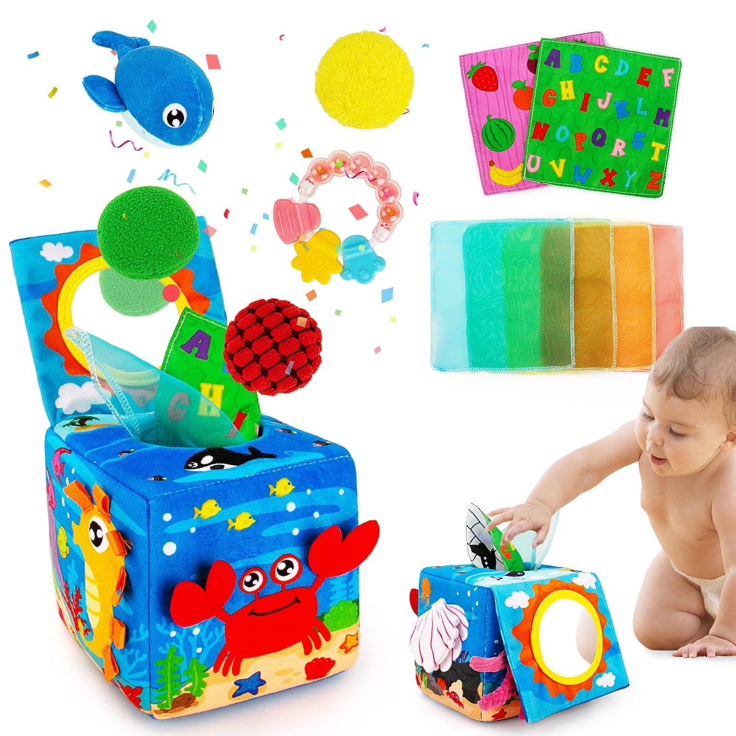 Colorful baby toy box with educational elements and a baby interacting with it.