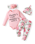 Baby outfit set with pink 'Daddy's Girl Mommy's World' onesie, floral pants, and matching hats on a white background.