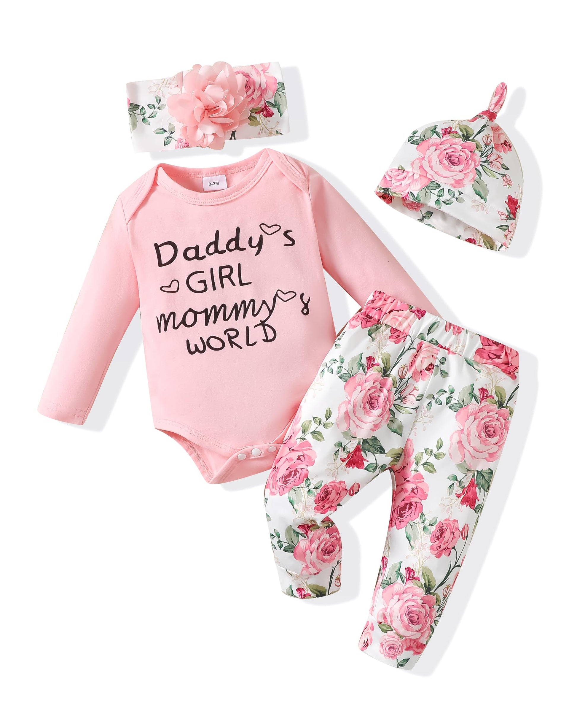 Baby outfit set with pink 'Daddy's Girl Mommy's World' onesie, floral pants, and matching hats on a white background.