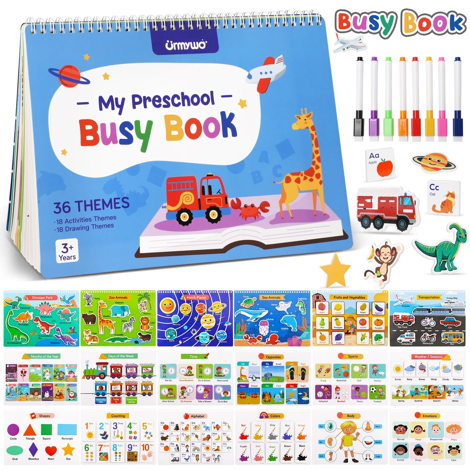 Preschool busy book with colorful illustrations and markers on a blue background