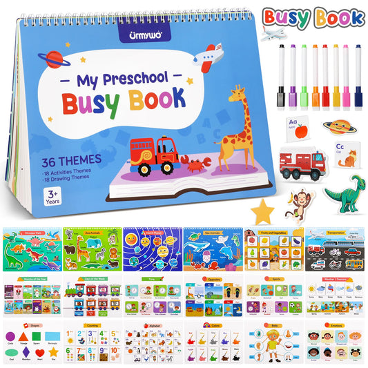 Preschool busy book with colorful illustrations and markers on a blue background