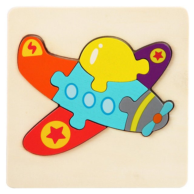 Colorful airplane-shaped wooden puzzle on a beige background