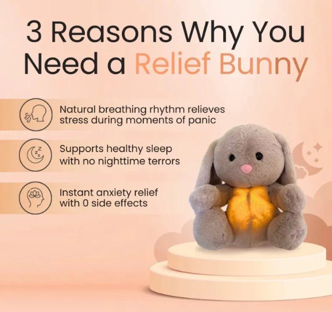 Plush bunny toy with text on a peach background