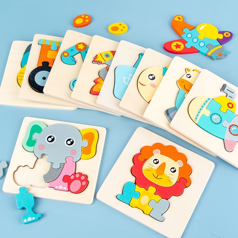 Set of wooden animal puzzles on a blue background