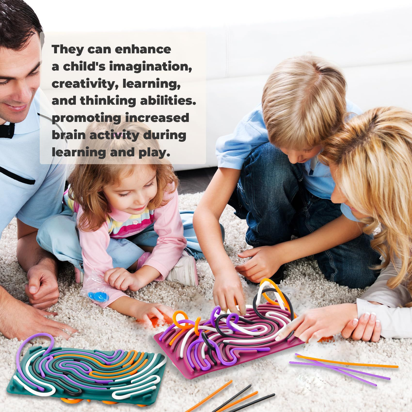 Family playing with colorful toys on a carpeted floor.