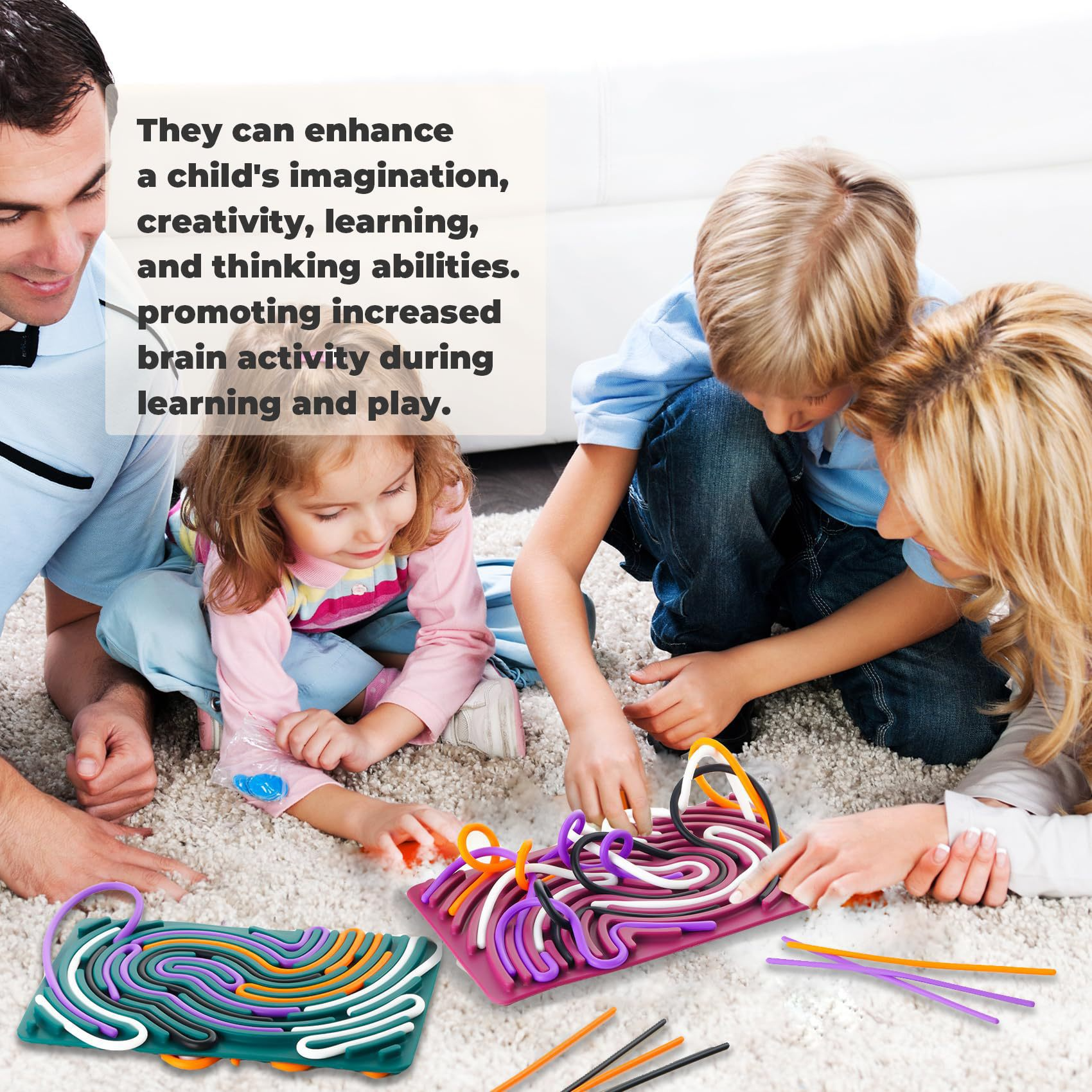 Family playing with colorful toys on a carpeted floor.