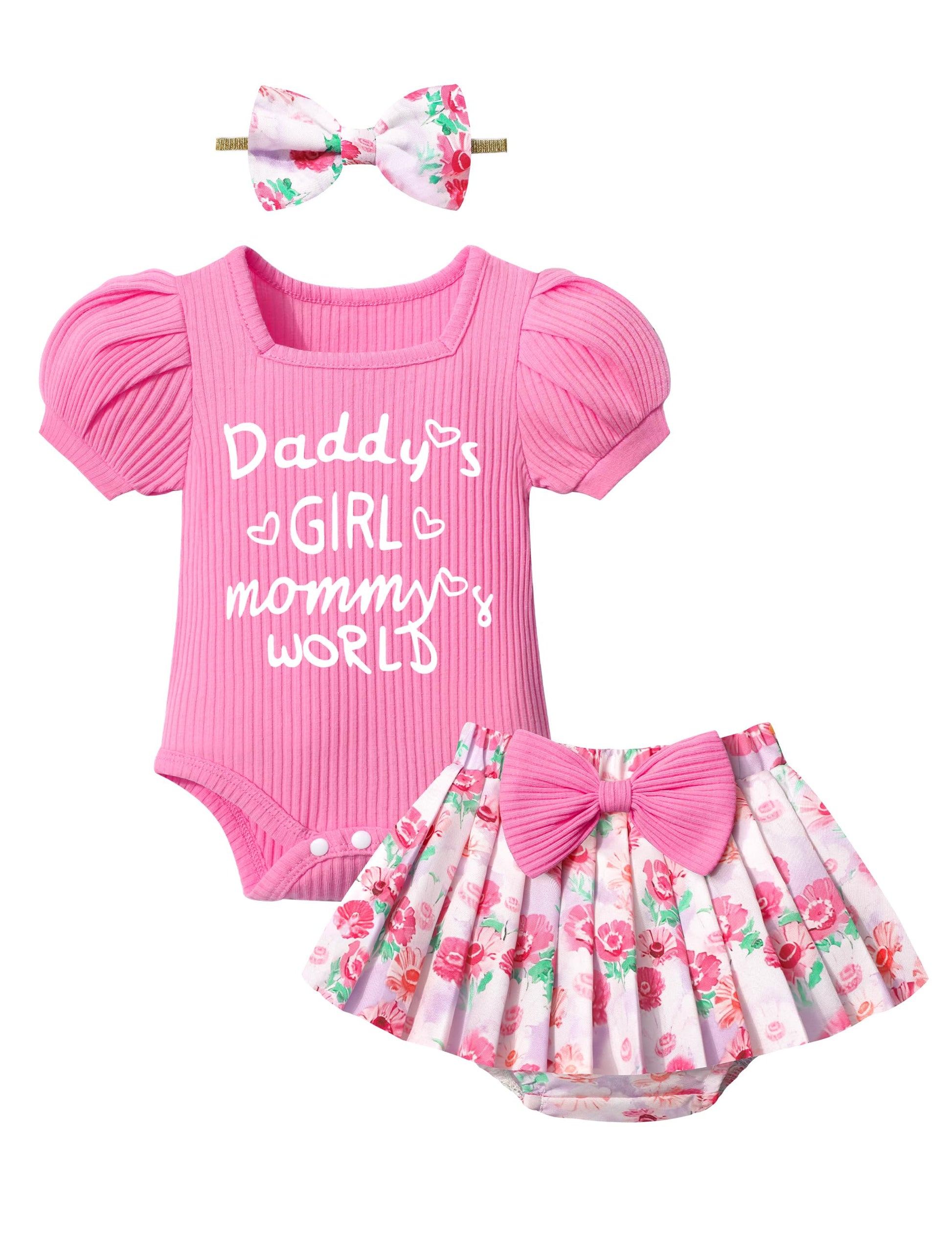 Baby outfit set with pink romper, floral skirt, and headband on a white background