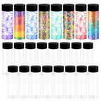 Set of clear tubes with black lids, some filled with colorful sequins on a white background.