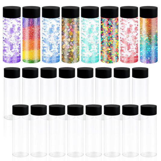 Set of clear tubes with black lids, some filled with colorful sequins on a white background.