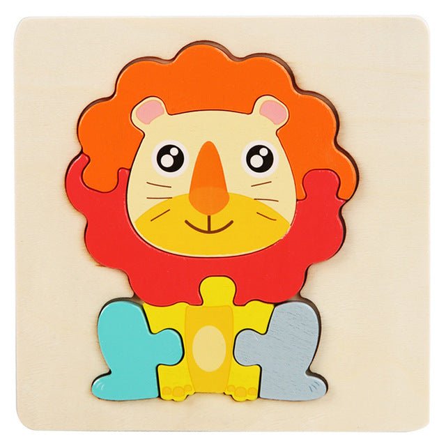 Colorful lion-shaped wooden puzzle on a beige background