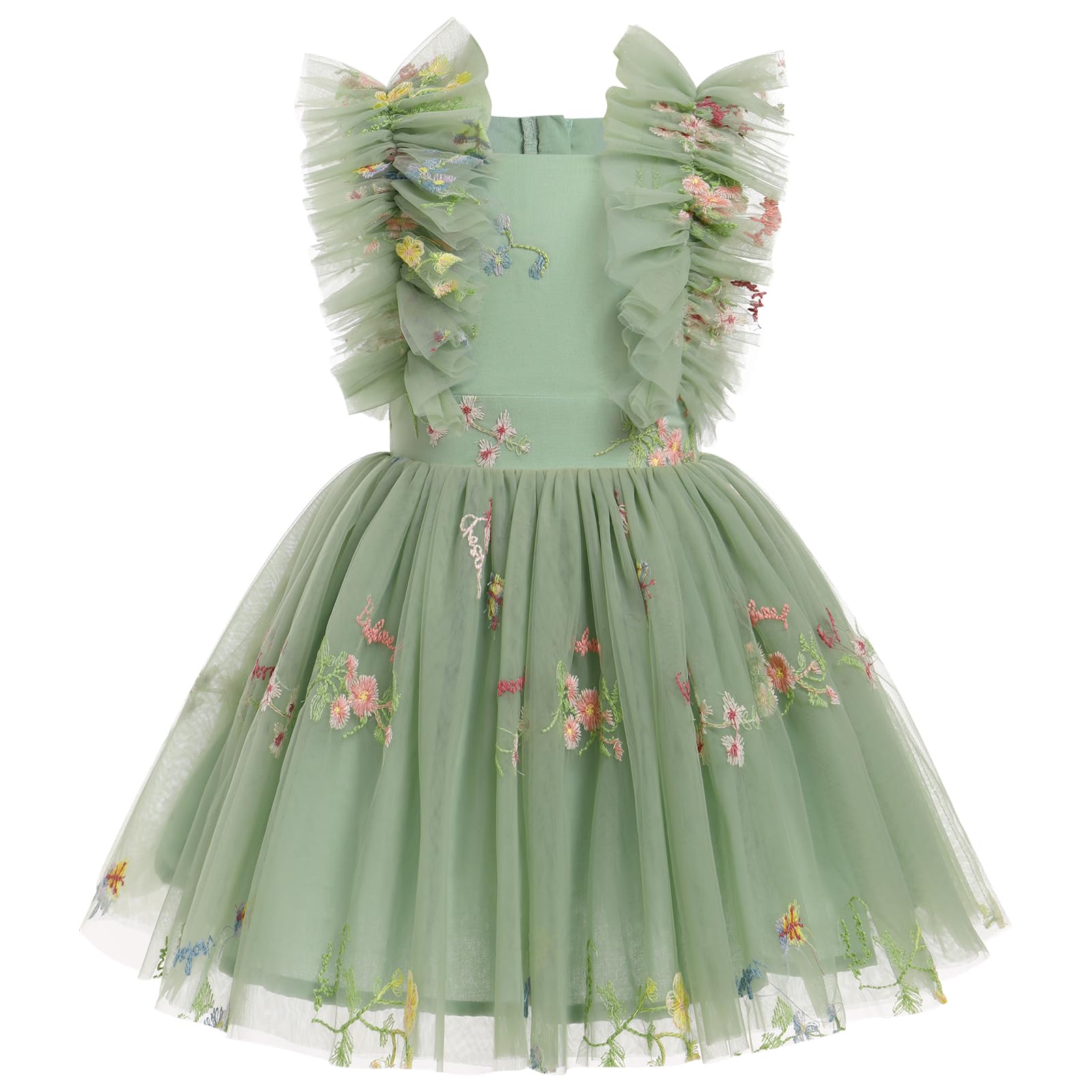 Green dress with floral embroidery and ruffled sleeves on a white background