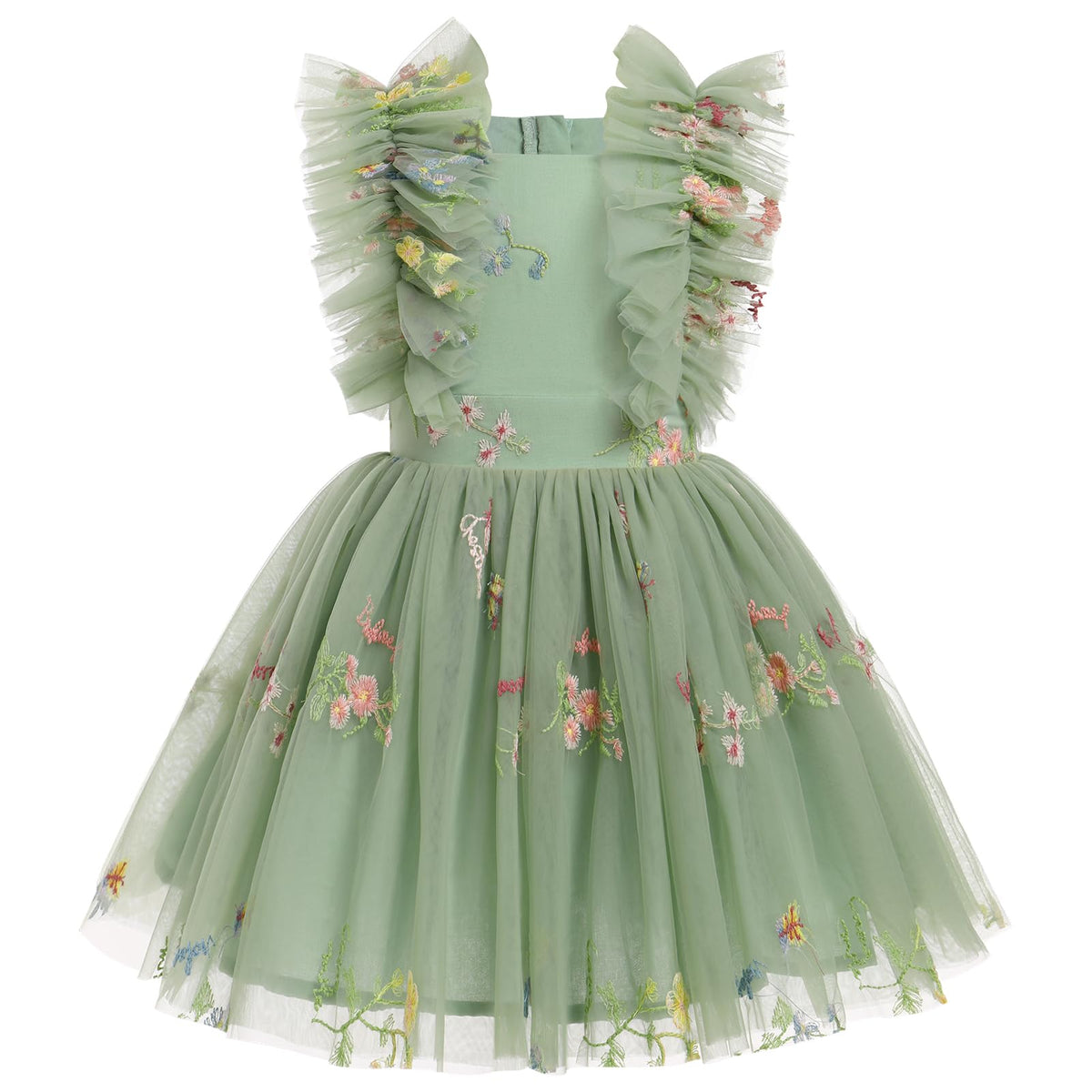 Green dress with floral embroidery and ruffled sleeves on a white background