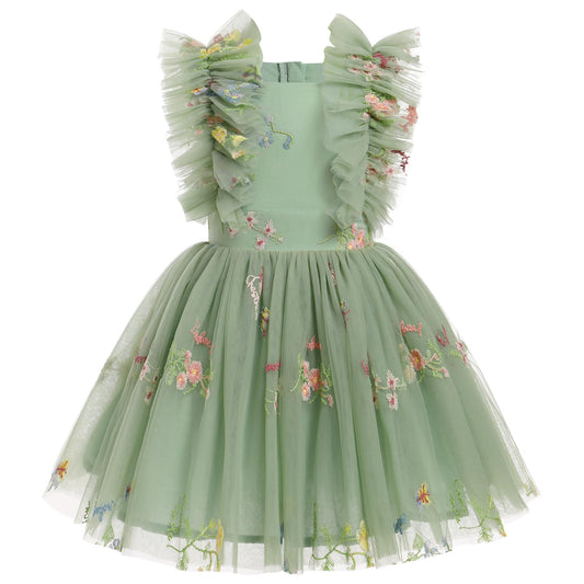 Green dress with floral embroidery and ruffled sleeves on a white background