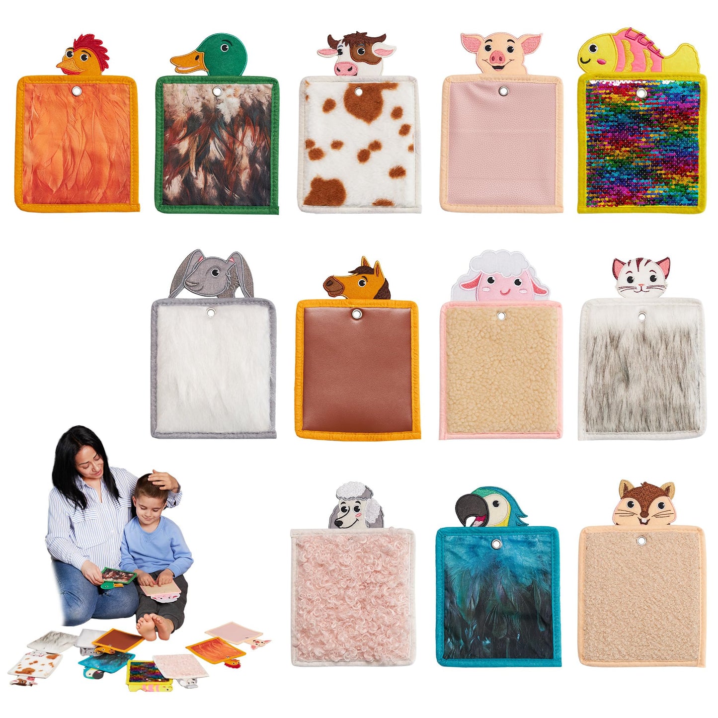 Collection of animal-themed soft toys with a woman and child playing below.