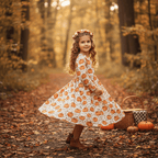 A young girl with long curly hair wearing a white dress with an orange pumpkin print and brown boots, standing in a forest path with autumn leaves, pumpkins, and a basket.