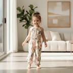 A toddler girl stands barefoot in a bright, modern living room wearing a sleeveless halter jumpsuit with a soft pink and green floral print on a cream base.