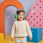 A smiling child stands in a colorful studio setting wearing bright multicolor over-ear headphones and a cream knit sweater, with pastel blocks and confetti in the background.