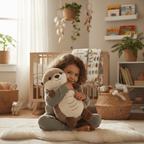 A young child sits on a white rug in a cozy nursery, holding a plush otter toy. The room features a wooden crib, shelves with books and plants, and warm natural light coming from a window.